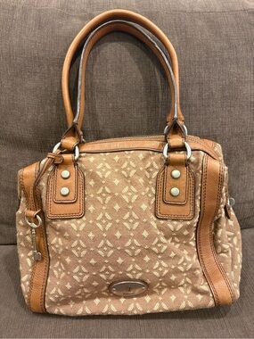 Fossil Vintage Y2K Brown Maddox Satchel Jacquard Canvas Leather Trim Doctor Bag